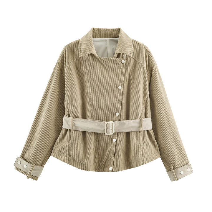 Damen Cordjacke aus Kord mit Taillengürtel und Druckknopfverschlüssen Drune