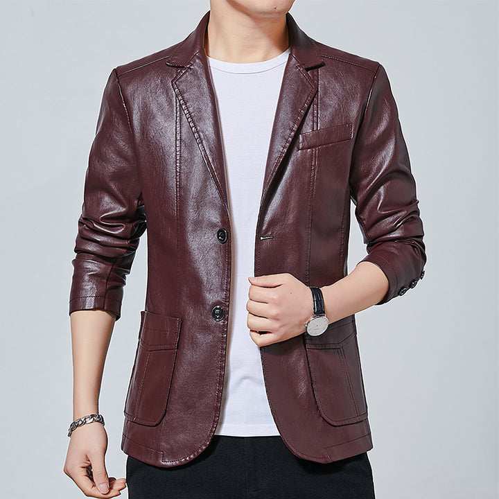 Herren Slim‑Fit Kunstleder‑Sakko mit Reverskragen und aufgesetzten Pattentaschen Drune