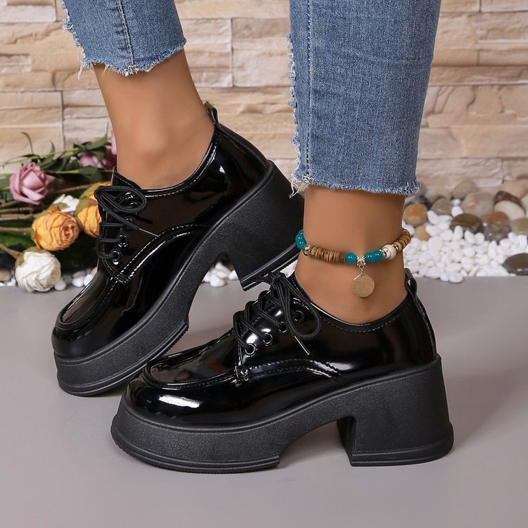 Damen Schnürschuhe mit glänzender Oberfläche und modischem Blockabsatz Drune