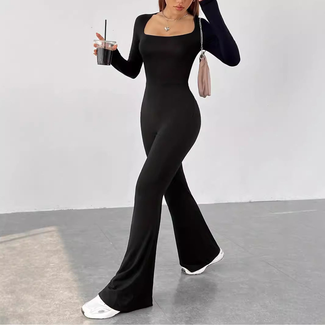 Damen Eleganter und figurbetonter Jumpsuit mit weitem Bein und langen Ärmeln Drune