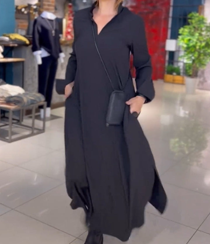 Damen Lange Maxi Kleid mit Stehkragen, Seitentaschen und Lockerem Fall Drune
