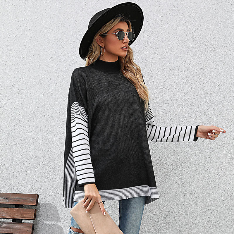 Damen Oversize Strickpullover mit Stehkragen und gestreiften Raglanärmeln Drune