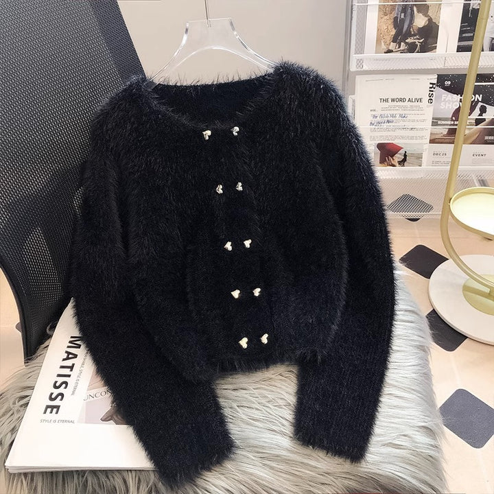 Damen Fluffy Cardigan mit Herzknöpfen Drune
