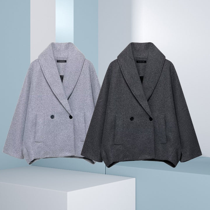 Damen Boxy-Wollmix-Cape-Mantel mit weitem Schalkragen und doppelter Knopfleiste Drune