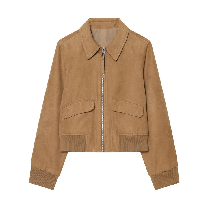 Damen Kurzer Veloursleder‑Bomber mit Reißverschluss, Pattentaschen und Rippsaum Drune