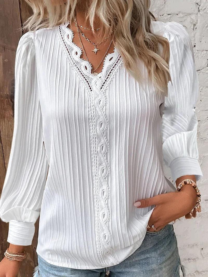 Damen nan romantische V-Ausschnitt Spitzenbluse mit Plissee und Puffärmeln Drune