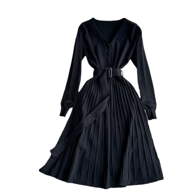Damen Plissiertes Kleid mit Gürtel und V-Ausschnitt Drune