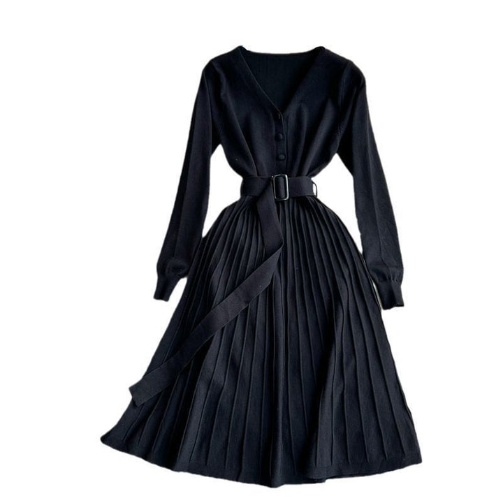 Damen Plissiertes Kleid mit Gürtel und V-Ausschnitt Drune