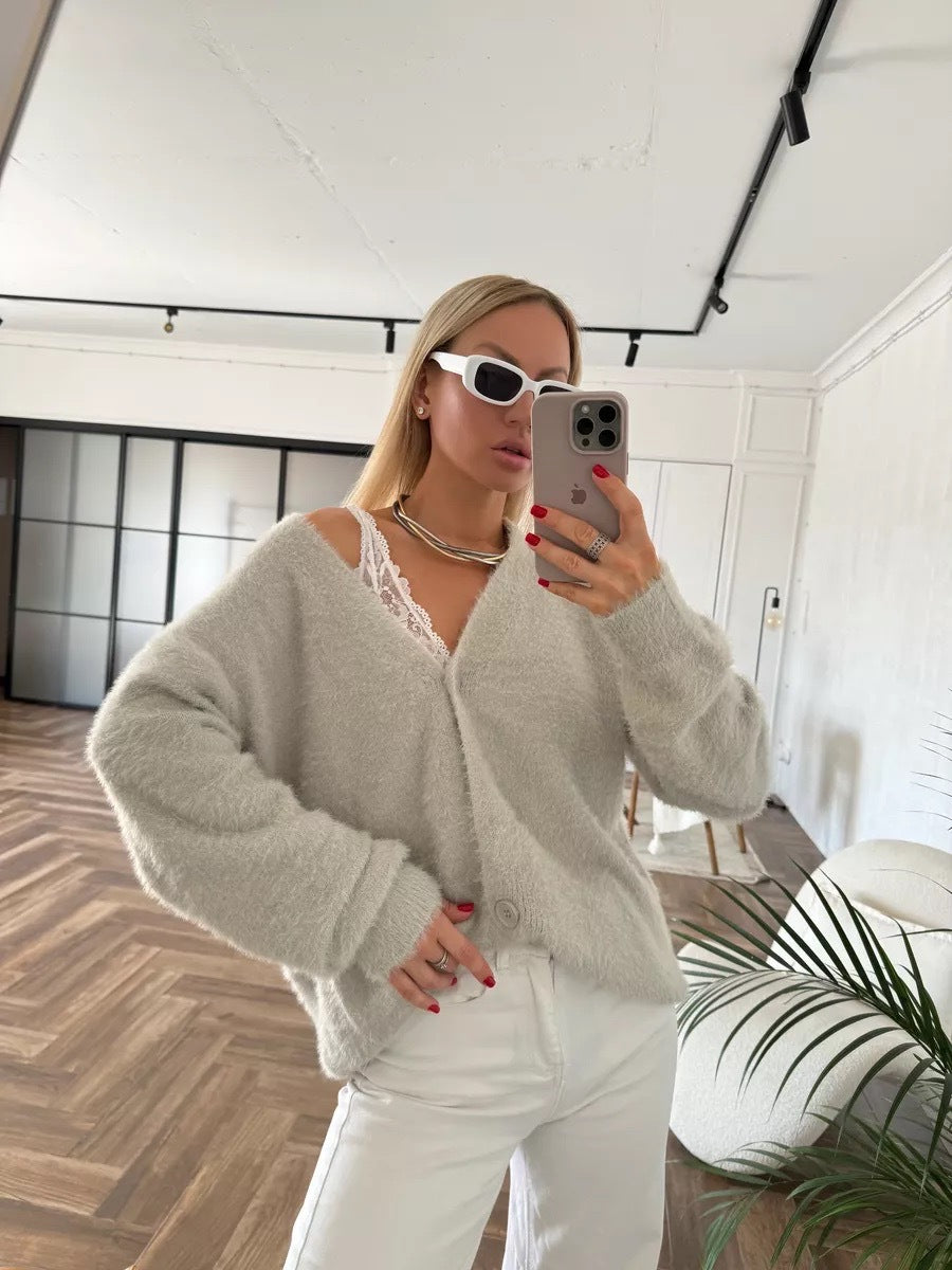 Damen Flauschige Strickjacke mit offenem Design und weichen Ärmeln Drune