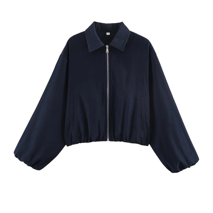Damen nan Cropped Bomberjacke mit durchgehendem Reißverschluss, weitem Ballonärmeln und elastischem Saum Drune