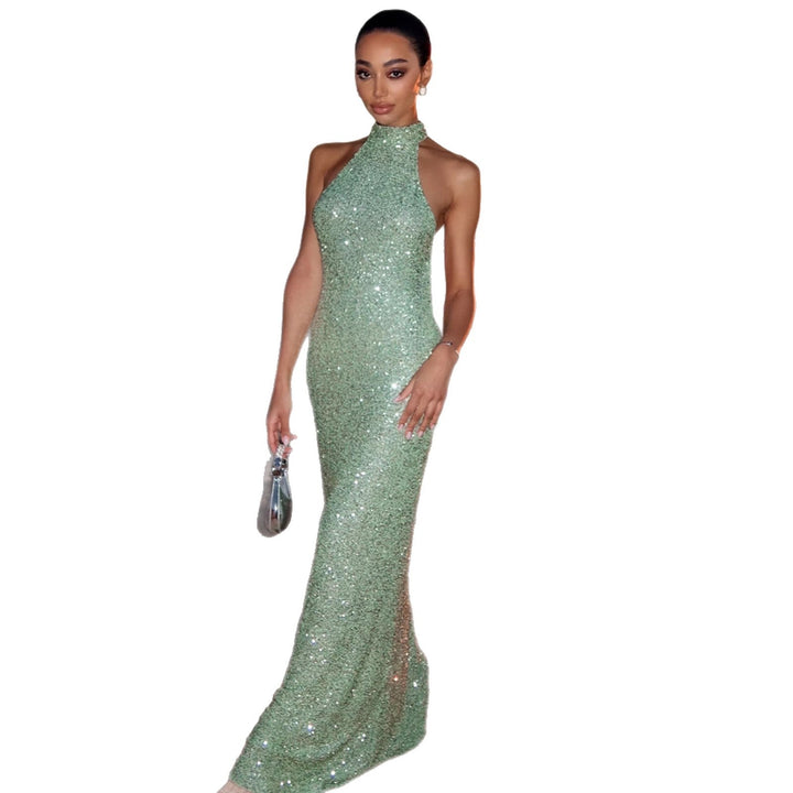 Damen Glitzerndes Abendkleid mit hohem Kragen und figurbetontem Schnitt Drune