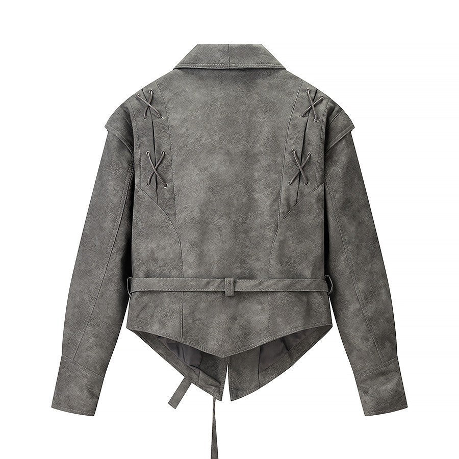 Damen Kurzjacke aus Veloursoptik mit Wickelgürtel und Schnürdetail Drune