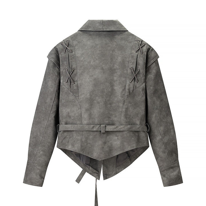 Damen Kurzjacke aus Veloursoptik mit Wickelgürtel und Schnürdetail Drune