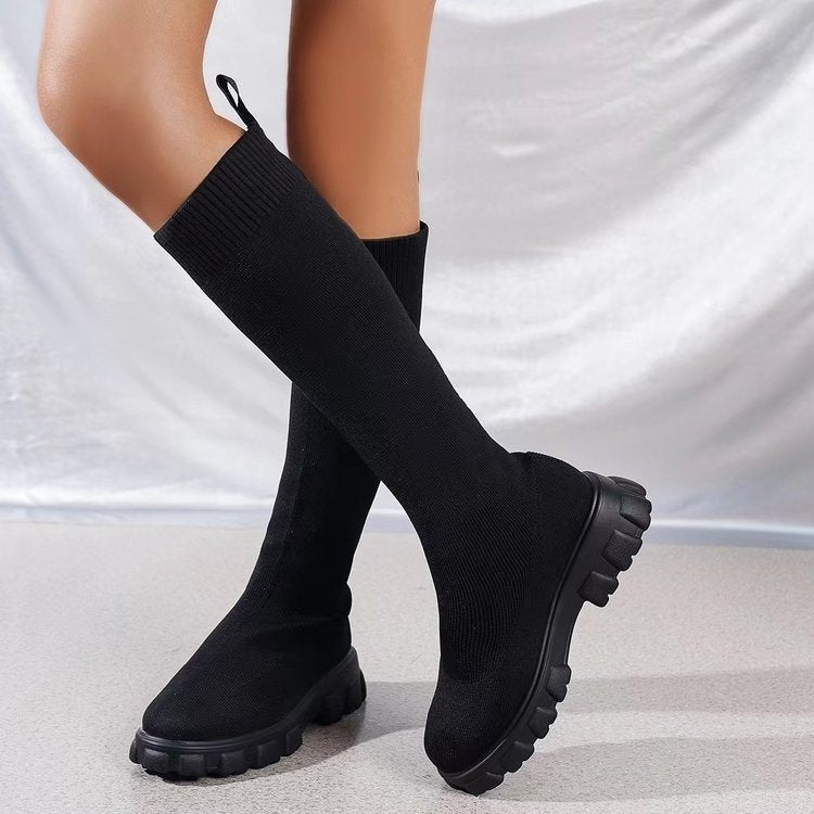 Damen Strick-Overknee-Stiefel mit elastischem Sock-Schaft und klobiger Lug-Sohle Drune