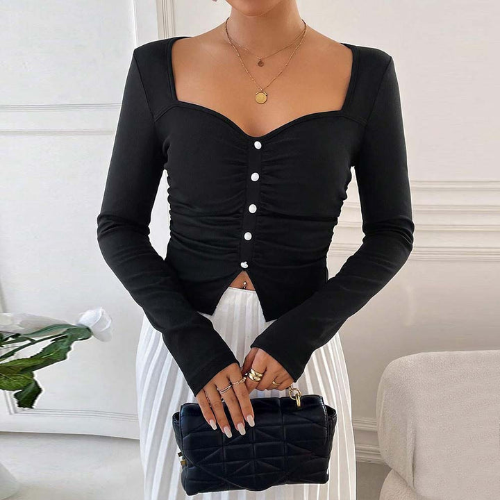 Damen figurbetontes gerafftes Langarm-Cropped-Top mit quadratischem Dekolleté und Zierknopfleiste Drune