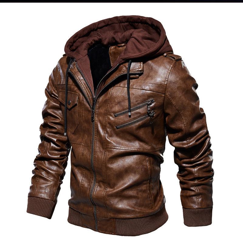 HerrenStylische Lederjacke mit Kapuze und gewaschenem Finish Drune