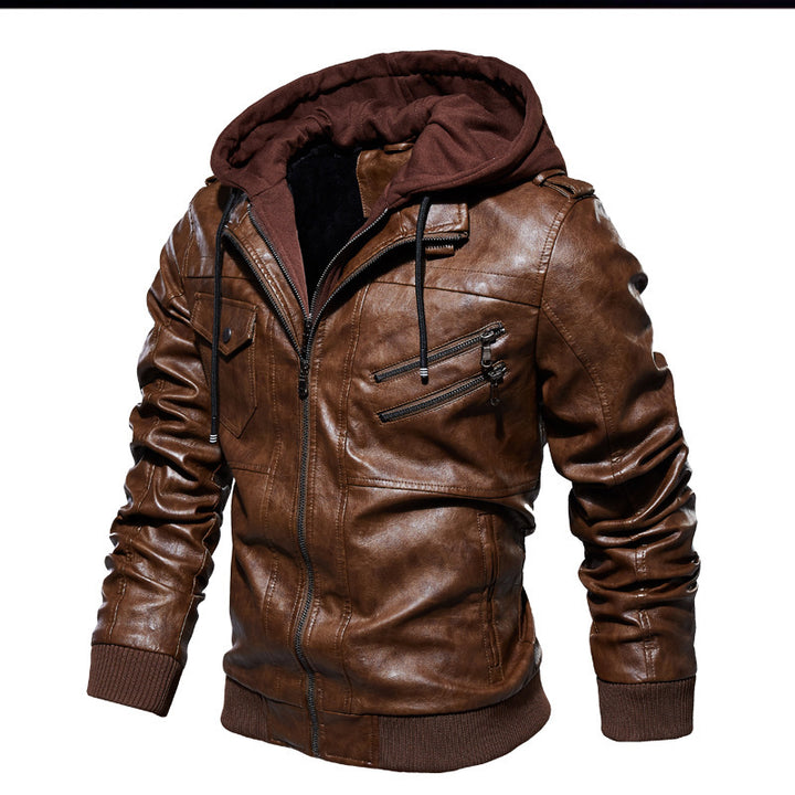 HerrenStylische Lederjacke mit Kapuze und gewaschenem Finish Drune