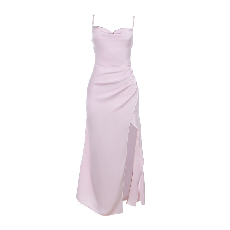 Damen Satin Maxikleid mit elegantem Rüschen-Design und hohem Schlitz Drune