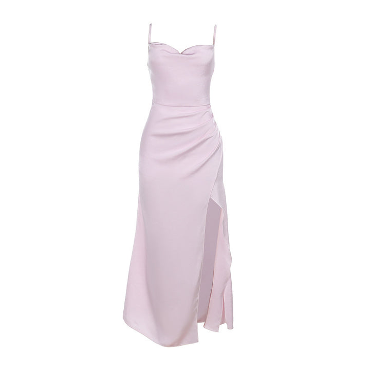 Damen Satin Maxikleid mit elegantem Rüschen-Design und hohem Schlitz Drune