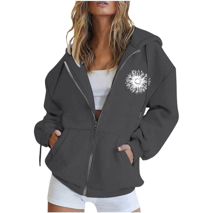 Damen nan oversized Kapuzenjacke mit Frontreißverschluss, Kängurutaschen und stilisiertem Sonnenblumenprint Drune