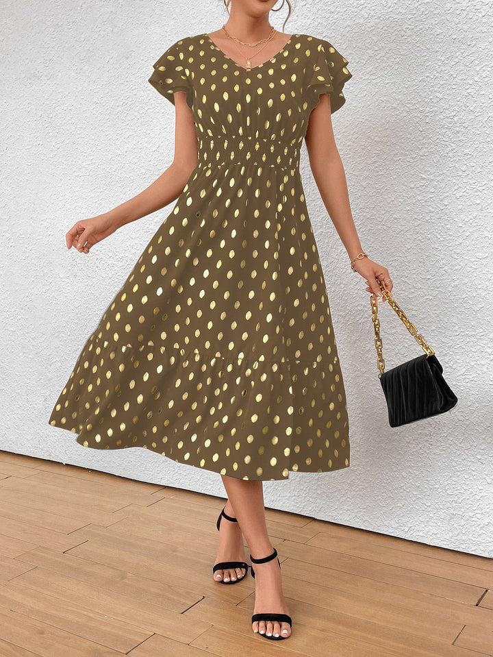 Damen Maxikleid mit Rüschendetails und schimmerndem Punktmuster Drune