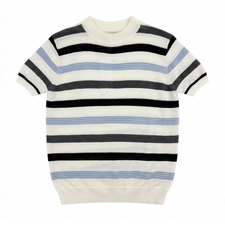Damen Modernes Kurzarm Strickoberteil mit Wellenmuster Drune