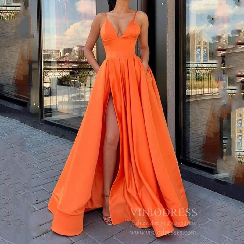 Damen Elegantes Abendkleid mit tiefem Schlitz und schimmerndem Stoff Drune