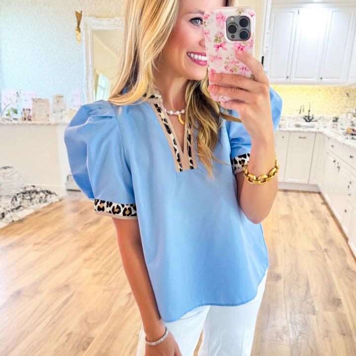 Damen nan luftige Bluse mit Puffärmeln V-Ausschnitt und Leo-Besatz Drune
