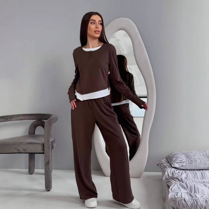 Damen Loungewear-Set aus weichem Modal mit Henley-Knopfleiste und weitem High-Waist Jogger Drune