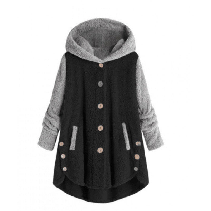 Damen Oversized Teddy-Mantel mit Kapuze, asymmetrischem Zipfelsaum und Holzknopf-Leiste Drune