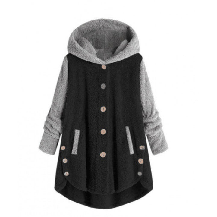 Damen Oversized Teddy-Mantel mit Kapuze, asymmetrischem Zipfelsaum und Holzknopf-Leiste Drune