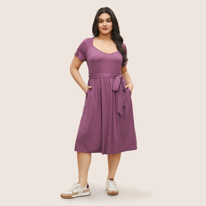 Damen lässiges Maxikleid mit Taillengürtel und V-Ausschnitt Drune