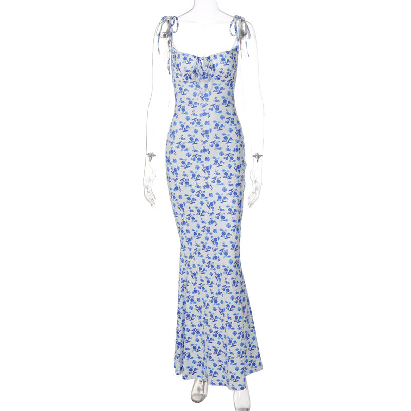Damen Bodenlanges Kleid mit floralem Muster und verstellbaren Trägern Drune