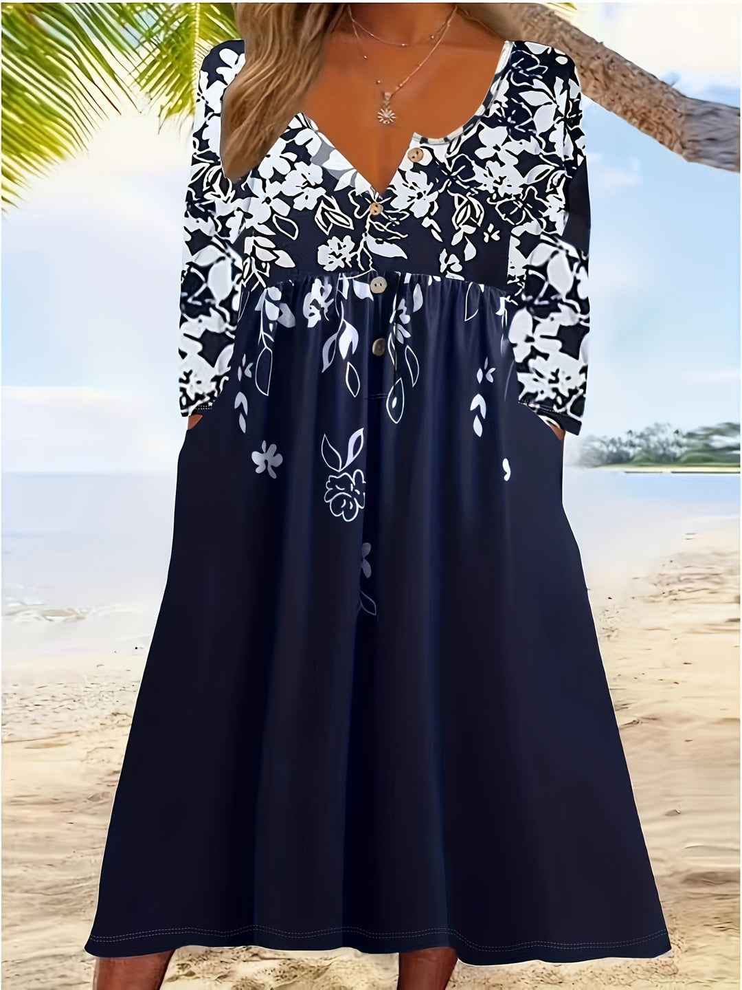 Damen Maxikleid mit V-Ausschnitt, Blumenprint, Knopfleiste und Eingrifftaschen Drune