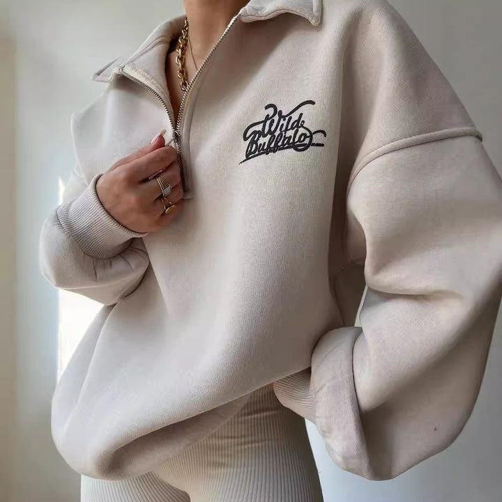 Damen Oversized Halbzip-Sweatshirt mit Stehkragen und gesticktem Logo Drune