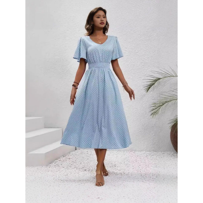 Damen Maxikleid im verspielten Punktdesign mit voluminösen Ärmeln und tiefem V-Ausschnitt Drune
