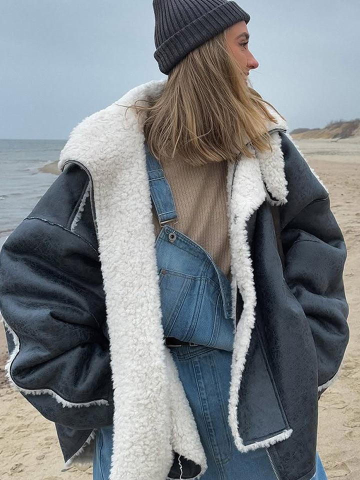 Damen Oversize Pilotjacke im Vintage-Look mit Sherpa‑Futter und Kontrastbesätzen Drune