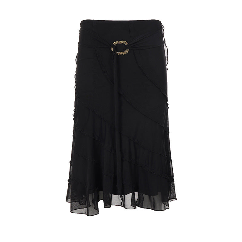 Damen Midirock aus Chiffon mit Lagen, asymmetrischen Nahtbahnen und Ziergürtel Drune