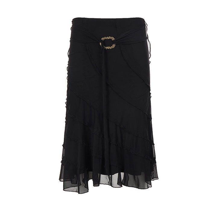 Damen Midirock aus Chiffon mit Lagen, asymmetrischen Nahtbahnen und Ziergürtel Drune