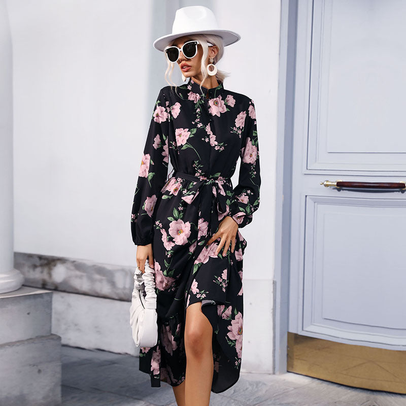 Damen Maxikleid mit floralem Allover‑Print, Stehkragen, langen Ballonärmeln und Volant Drune