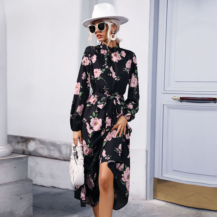 Damen Maxikleid mit floralem Allover‑Print, Stehkragen, langen Ballonärmeln und Volant Drune