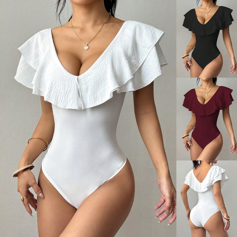Damen Taillierter Body mit tiefem V‑Ausschnitt und doppeltem Volantkragen Drune