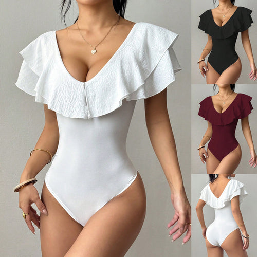 Damen Taillierter Body mit tiefem V‑Ausschnitt und doppeltem Volantkragen Drune