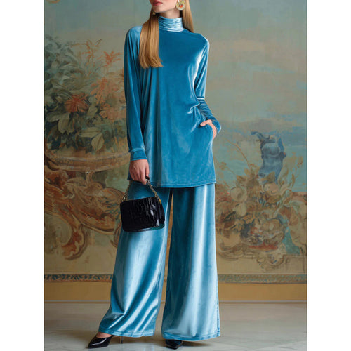 Damen Oversize-Samt-Set mit Rollkragen und weitem Palazzohose Drune