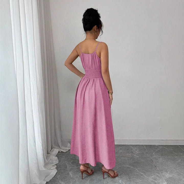 Damen Midikleid mit Smokbund, Spaghettiträgern und Bindekordel Drune