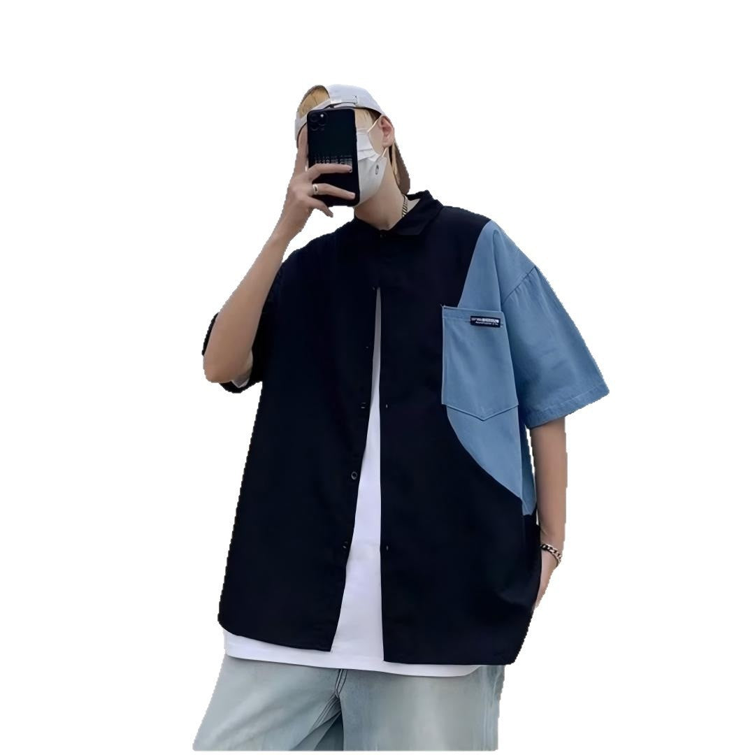 Herren Oversized Kurzarm-Hemd mit Colorblock-Design und aufgesetzter Brusttasche Drune