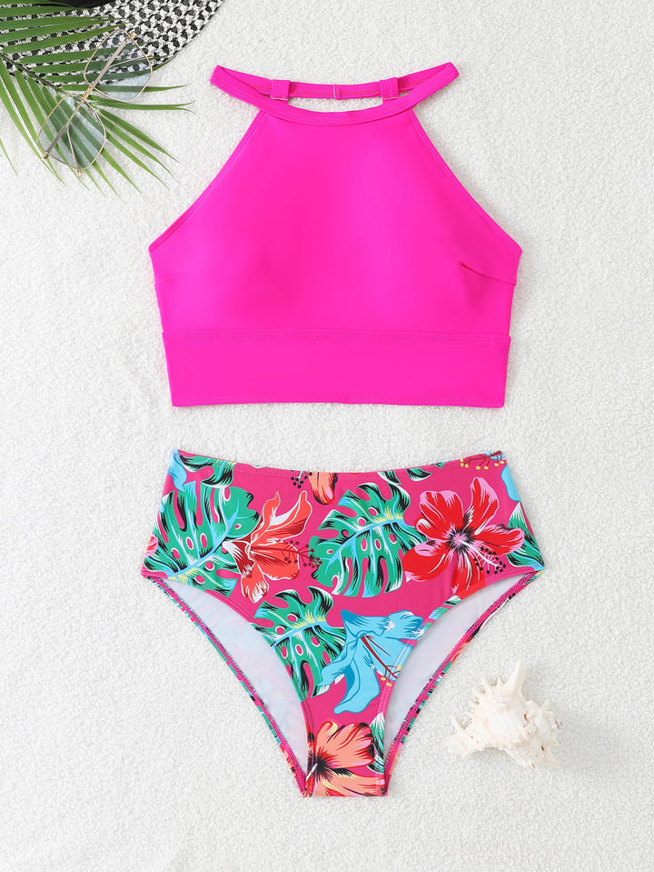 Damen Sportlicher Bikini-Set mit hohem Bund und rückenfreier Oberseite Drune