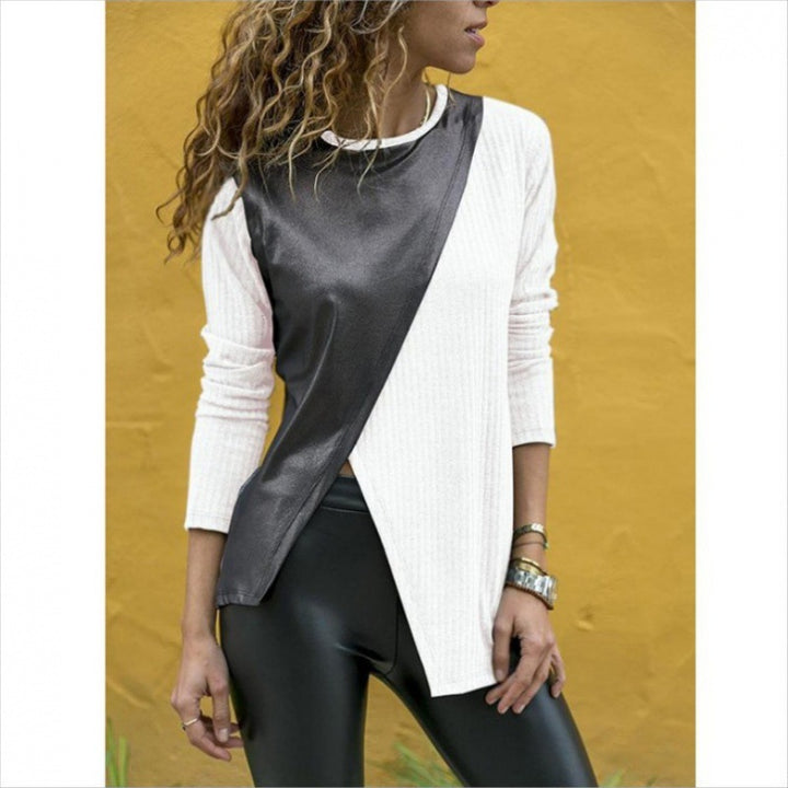 Damen Asymmetrisches Longsleeve mit Lederoptik‑Overlay und Rippstrick Drune