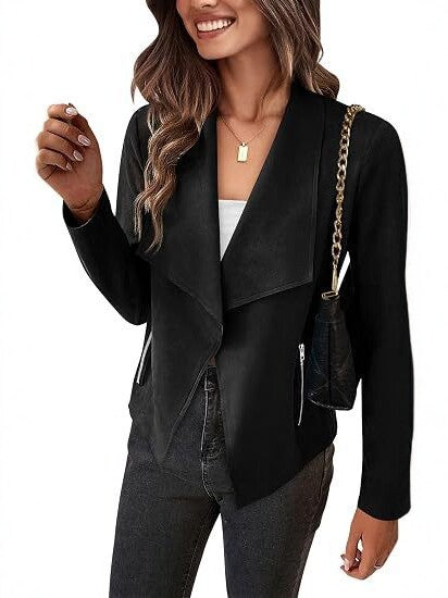 Damen Velourslederimitat-Wasserfallblazer mit asymmetrischem Saum und Reißverschlusstaschen Drune