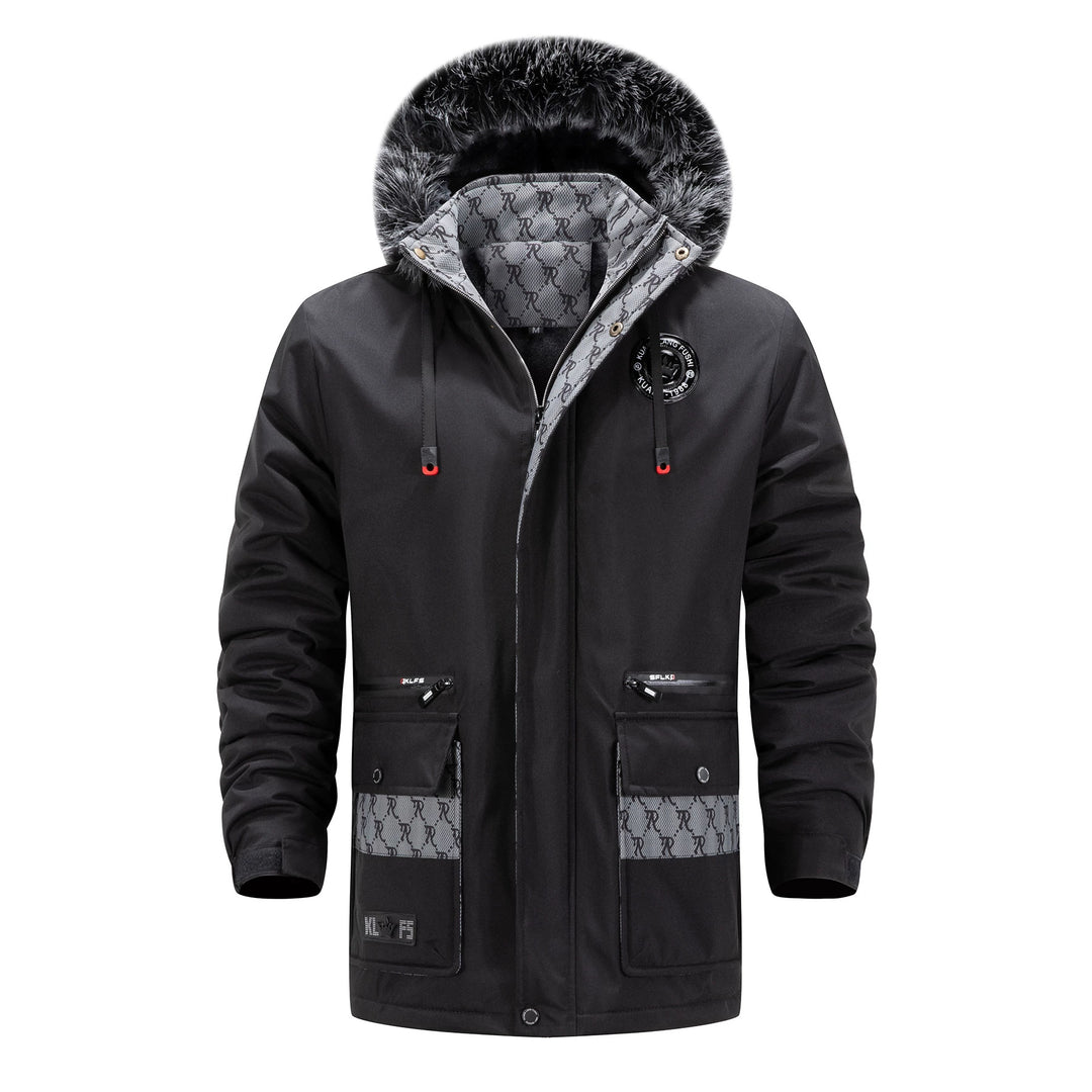 Herren Langer Thermo-Parka mit Kapuze, Logo-Innenfutter und Multifunktions-Taschen Drune